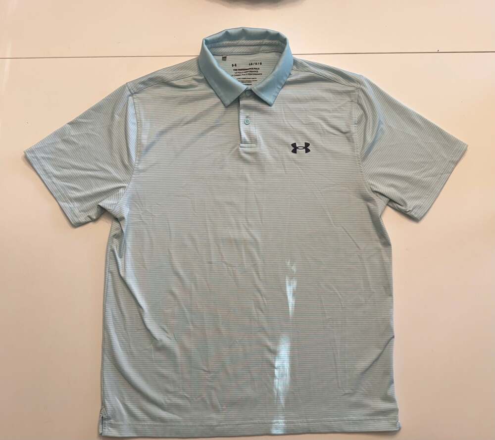 Under Armour The Performance Polo Light Blue Striped HeatGear Men's Size Large